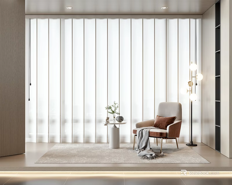 White Vertical Stripe Curtain in Modern Interior with Brown Armchair Table Floor Lamp and Carpet 3d model 