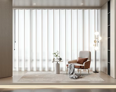 White Vertical Stripe Curtain in Modern Interior with Brown Armchair Table Floor Lamp and Carpet 3d model