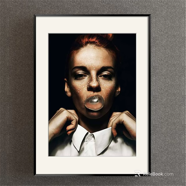 Framed Portrait of Red Haired Woman Blowing Bubble Gum Adjusting White Shirt Collar Dark Background 3d model 