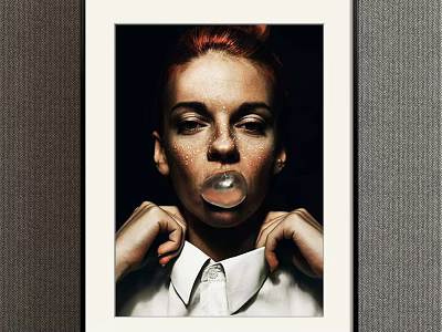 Framed Portrait of Red Haired Woman Blowing Bubble Gum Adjusting White Shirt Collar Dark Background 3d model