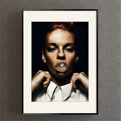 Framed Portrait of Red Haired Woman Blowing Bubble Gum Adjusting White Shirt Collar Dark Background 3d model