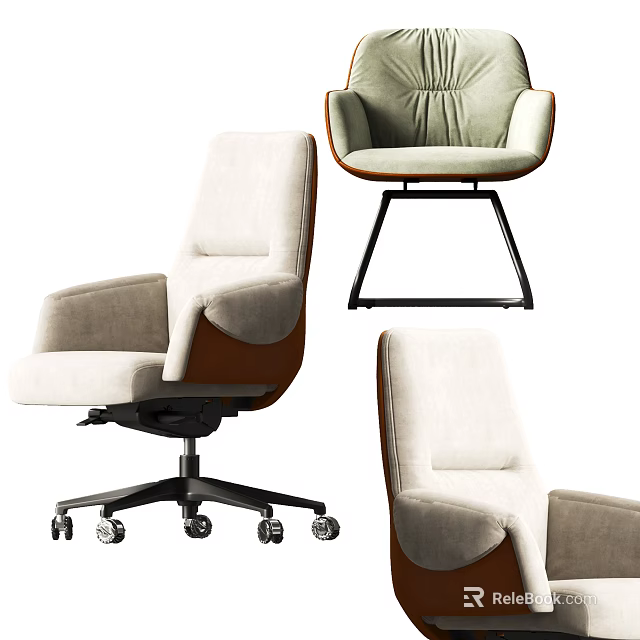 Modern Office Chair With Beige Fabric Brown Accent Armrests And Black Metal Base 3d model 