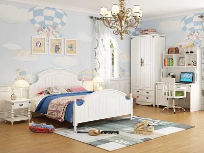 Kids Bed with Blue Hot Air Balloon Wallpaper White Nightstand Chandelier Desk and Toys 3d model