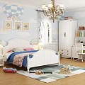Kids Bed with Blue Hot Air Balloon Wallpaper White Nightstand Chandelier Desk and Toys