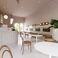 Modern Dessert Shop Interior With White Tables Wooden Chairs And Plants