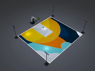 Modern Indoor Basketball Court Featuring Colorful Geometric Floor And Overhead Lights 3d model