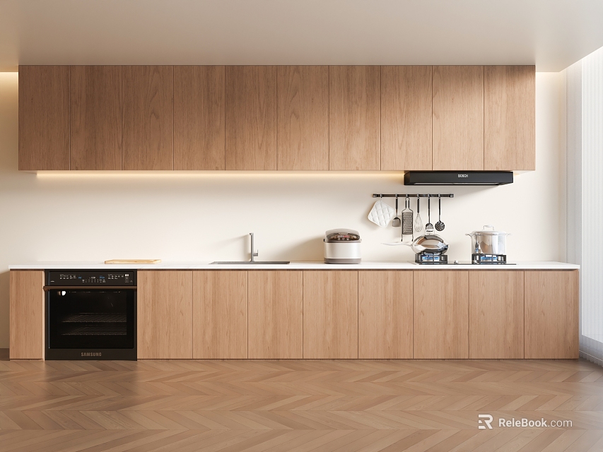 Modern Kitchen Interior With Wooden Cabinets White Countertop And Herringbone Floor 3d model 