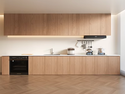 Modern Kitchen Interior With Wooden Cabinets White Countertop And Herringbone Floor 3d model