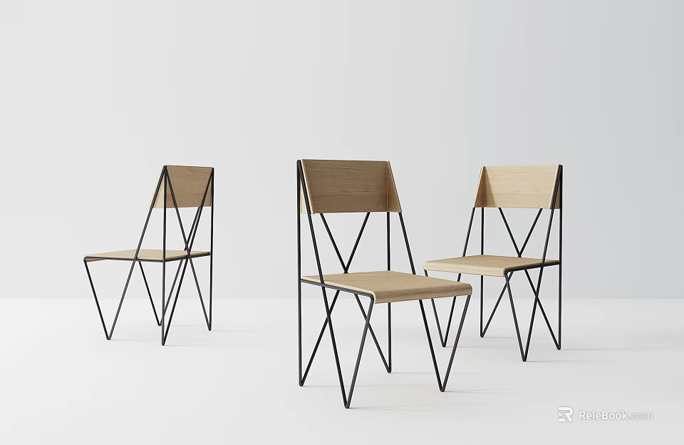 Three Modern Wooden Leisure Chairs With Black Metal Frame In Minimalist White Space 3d model 