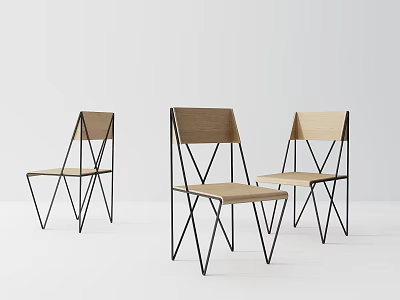 Three Modern Wooden Leisure Chairs With Black Metal Frame In Minimalist White Space 3d model