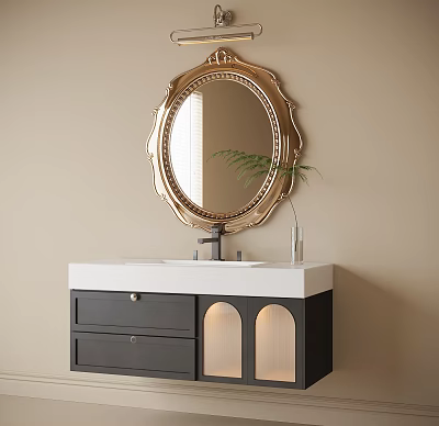 Modern Bathroom Vanity With Black Cabinet Gold Mirror Drawers And Glass Doors 3d model