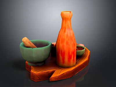 Traditional Kitchen Utensils On Wooden Tray With Mortar Pestle Orange Bottle And Small Green Bowls 3d model
