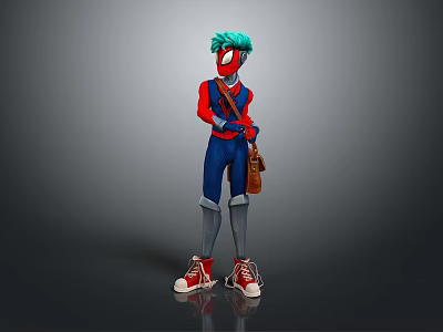 Game and Movie Character With Teal Hair Red Blue Costume Brown Bag and Red Sneakers 3d model
