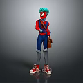 Game and Movie Character With Teal Hair Red Blue Costume Brown Bag and Red Sneakers