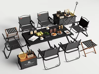 Outdoor Patio Table and Chair Set with Fruit Drinks and Storage Crates 3d model