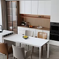 Modern Restaurant Interior With White Cabinets Island Counter And Dining Table Chairs