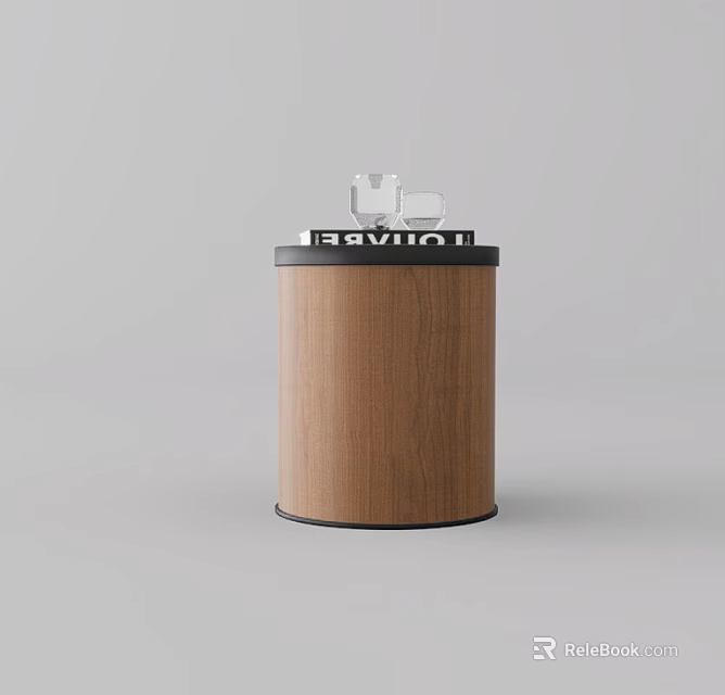 Modern Wooden Cylindrical Bedside Table With Black Trim Top And Decorative Items 3d model 