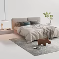 Modern Double Bed with Soft Quilt Blanket Pillows Side Table Decorative Toy and Small Plant