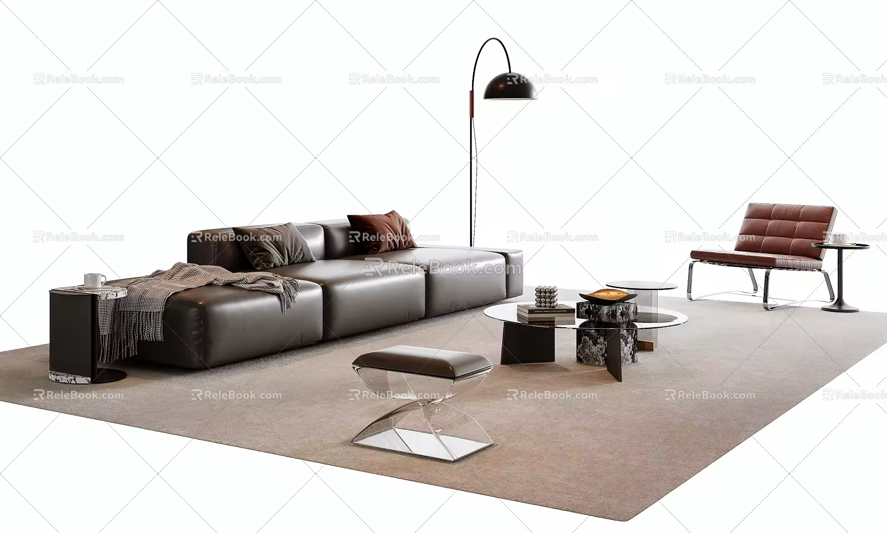 Modern Italian Sofa Coffee Table Combination Leather Sofa Living Room Sofa Multiplayer Sofa Single Person Sofa Side Table Acrylic Floor Lamp 3d model