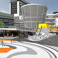 Urban Square Landscape Featuring Orange Geometric Structure Trees Pedestrians And Stroller 3d model