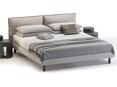 Modern Upholstered Double Bed With Neutral Tones Pillows Striped Bedspread And Side Tables 3d model