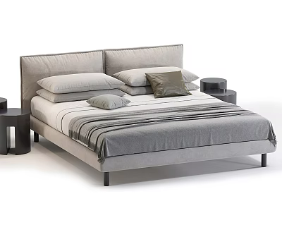 Modern Upholstered Double Bed With Neutral Tones Pillows Striped Bedspread And Side Tables 3d model