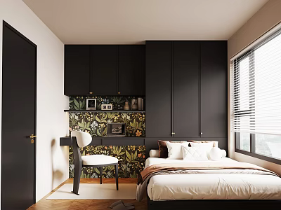 Modern Tatami Bedroom Interior With Black Cabinets Patterned Wall And Window Blinds 3d model
