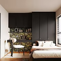 Modern Tatami Bedroom Interior With Black Cabinets Patterned Wall And Window Blinds