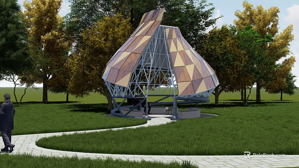 Modern Geometric Outdoor Pavilion With Wooden Panels Green Lawn Curved Pathway And Trees 3d model 
