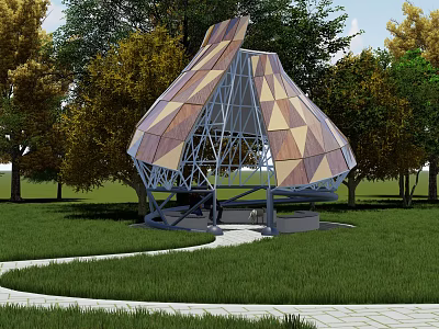 Modern Geometric Outdoor Pavilion With Wooden Panels Green Lawn Curved Pathway And Trees 3d model