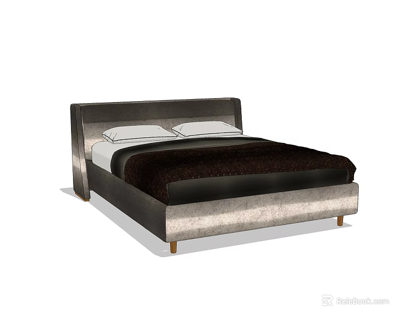 Modern Velvet Upholstered Double Bed With Dark Brown Headboard And Gold Legs 3d model 