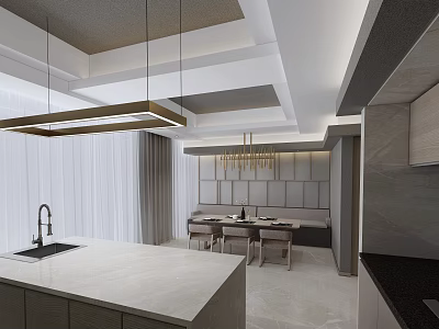 Modern Open Concept Restaurant Kitchen With Marble Island And Hanging Lights 3d model