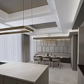 Modern Open Concept Restaurant Kitchen With Marble Island And Hanging Lights