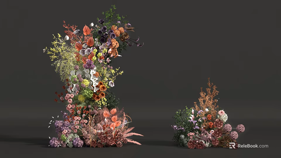 Artistic Floral Installation Featuring Mixed Flowers Greenery And Decorative Plants 3d model 