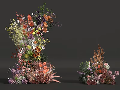 Artistic Floral Installation Featuring Mixed Flowers Greenery And Decorative Plants 3d model