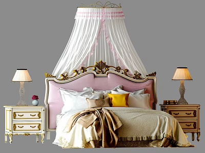 Luxurious Double Bed with Pink Headboard Gold Accents White Canopy and Nightstand Lamps 3d model