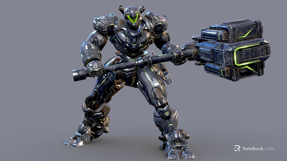 Futuristic Armored Robot Wielding High Tech Mechanical Hammer Weapon with Green Luminous Accents 3d model 