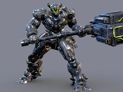 Futuristic Armored Robot Wielding High Tech Mechanical Hammer Weapon with Green Luminous Accents 3d model