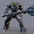 Futuristic Armored Robot Wielding High Tech Mechanical Hammer Weapon with Green Luminous Accents