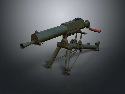 Vintage Machine Gun With Tripod Stand Long Barrel Red Grip And Metal Structure 3d model