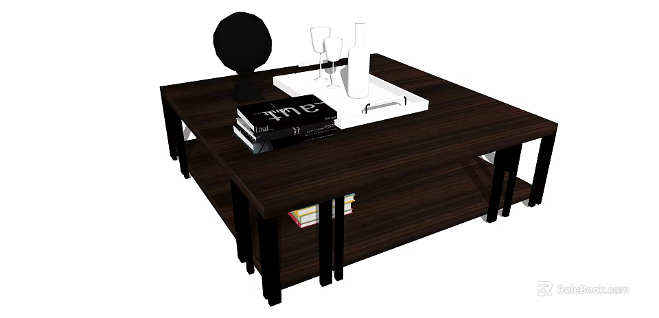 Dark Wood Coffee Table With Lower Shelf Stacked Books And Decorative Tray 3d model 