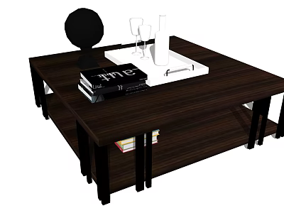 Dark Wood Coffee Table With Lower Shelf Stacked Books And Decorative Tray 3d model