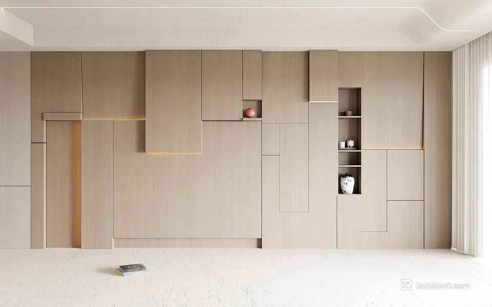 Modern Light Wood Sofa Backdrop Wall With Geometric Panels Built-in Shelves And Soft Lighting 3d model 