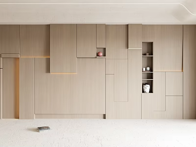 Modern Light Wood Sofa Backdrop Wall With Geometric Panels Built-in Shelves And Soft Lighting 3d model