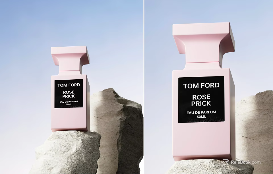 Tom Ford Rose Prick Eau de Parfum in Pink Bottle on Rock with Scenic Background 3d model 
