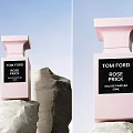 Tom Ford Rose Prick Eau de Parfum in Pink Bottle on Rock with Scenic Background