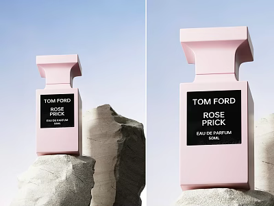 Tom Ford Rose Prick Eau de Parfum in Pink Bottle on Rock with Scenic Background 3d model
