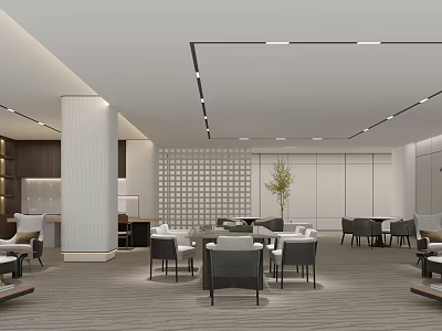 Modern Lounge Area Interior With Stylish Seating Decorative Wall Columns And Ambient Lighting 3d model