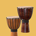 Two Wooden Djembe Drums With Light Heads Brown Dark Bodies On Yellow Background