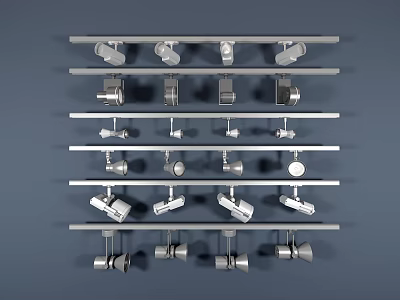 Various Modern Downlights And Spotlights For Home Lighting Displayed On Metal Shelves 3d model